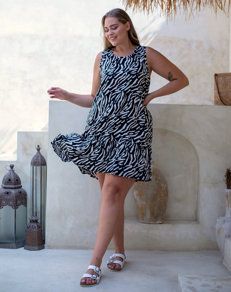 Abstract Frill Dress With Pocket - Abstract Zebra