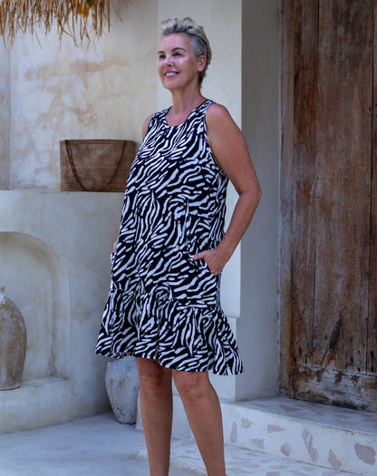 Abstract Frill Dress With Pocket - Abstract Zebra