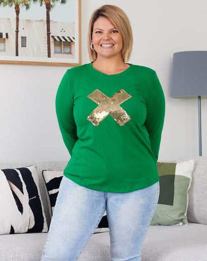 Cross Sequin 3/4 Tee - Green/Gold