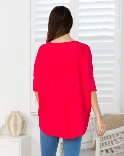 Batwing V Neck Knit - Fuchsia