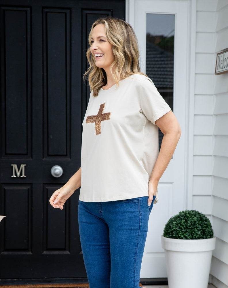 Cross Sequin Tee - Beige