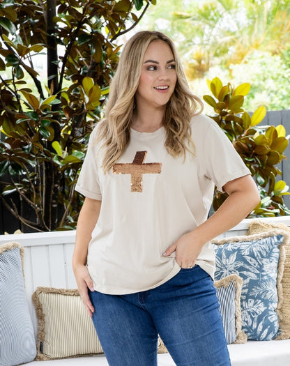 Cross Sequin Tee - Beige