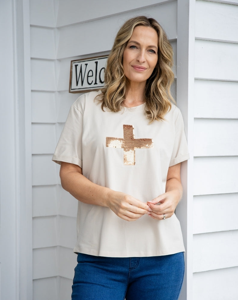 Cross Sequin Tee - Beige