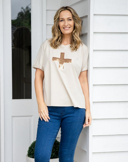 Cross Sequin Tee - Beige