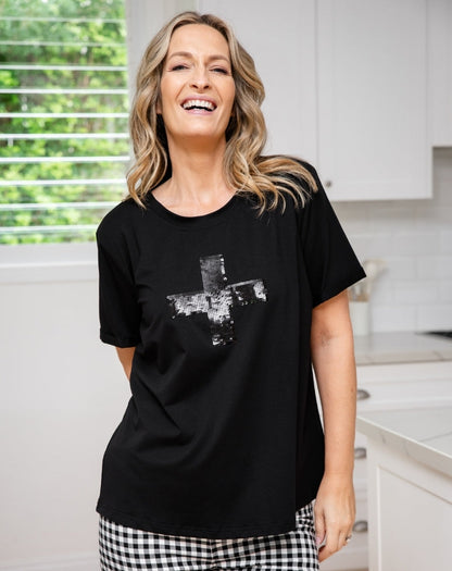 Cross Sequin Tee - Black