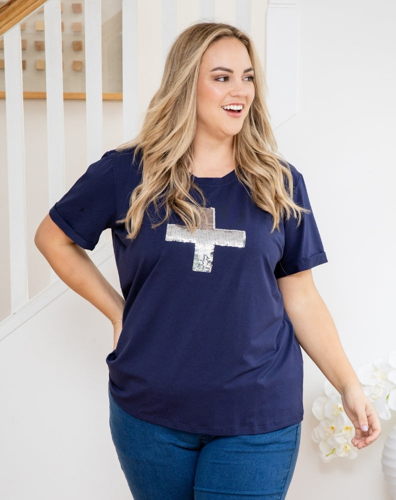 Cross Sequin Tee - Navy