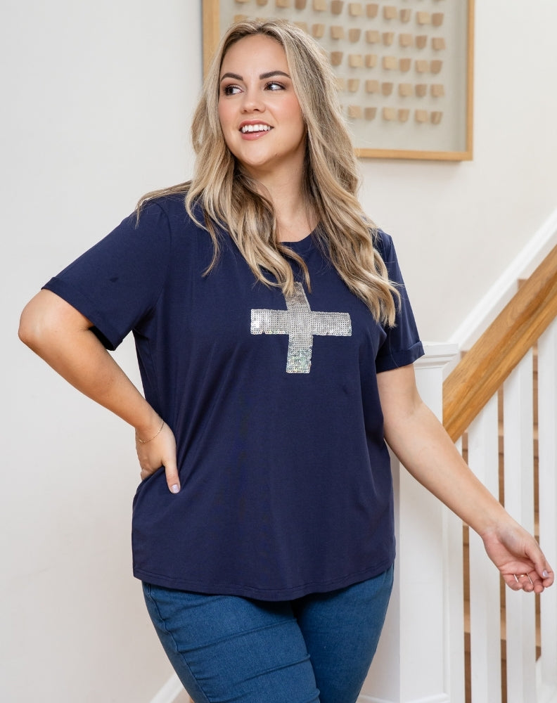 Cross Sequin Tee - Navy