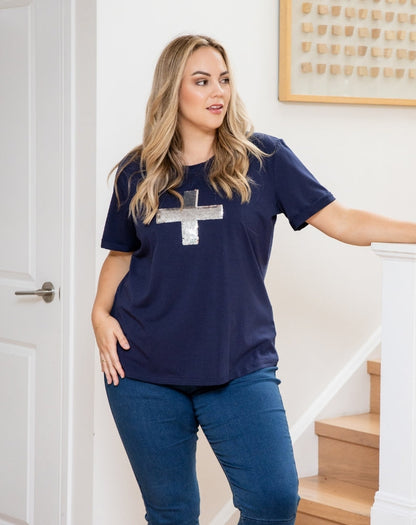 Cross Sequin Tee - Navy