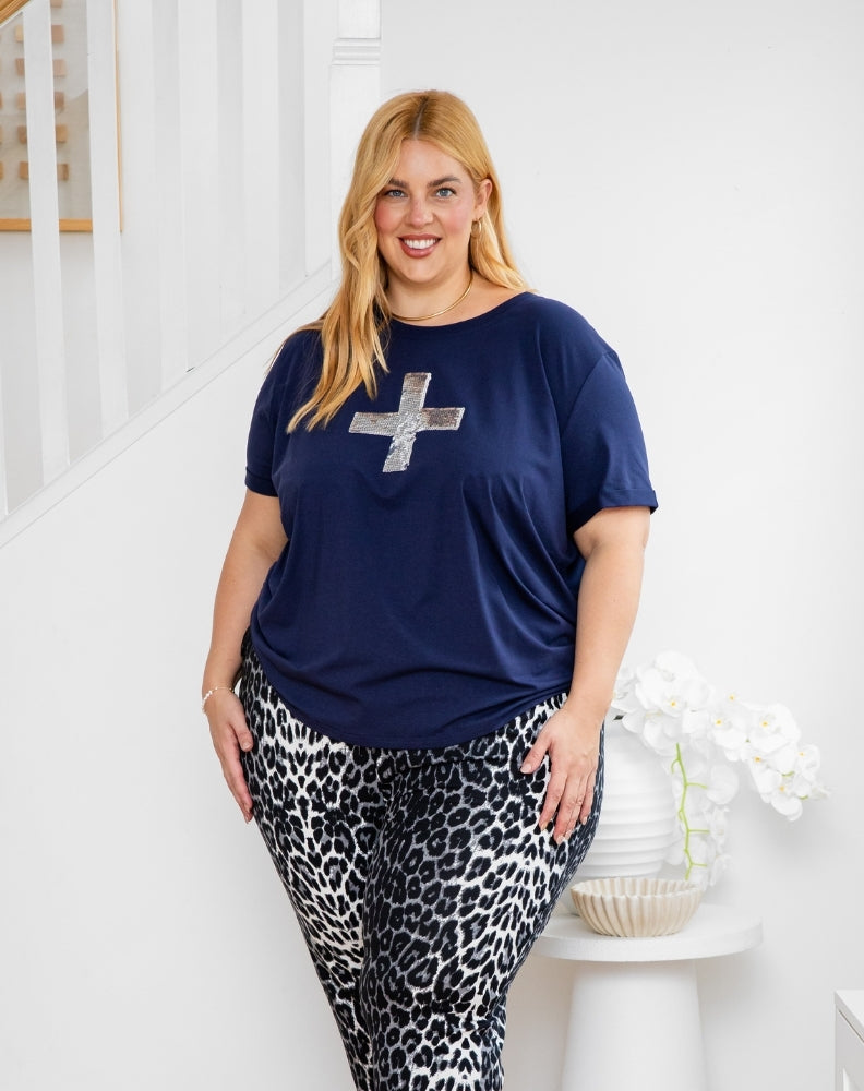 Cross Sequin Tee - Navy