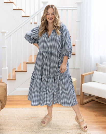 Freez_Amber_Dress_Navy_Gingham_Balloon_Sleeve