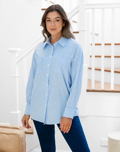 Button Back Shirt - Blue Stripe