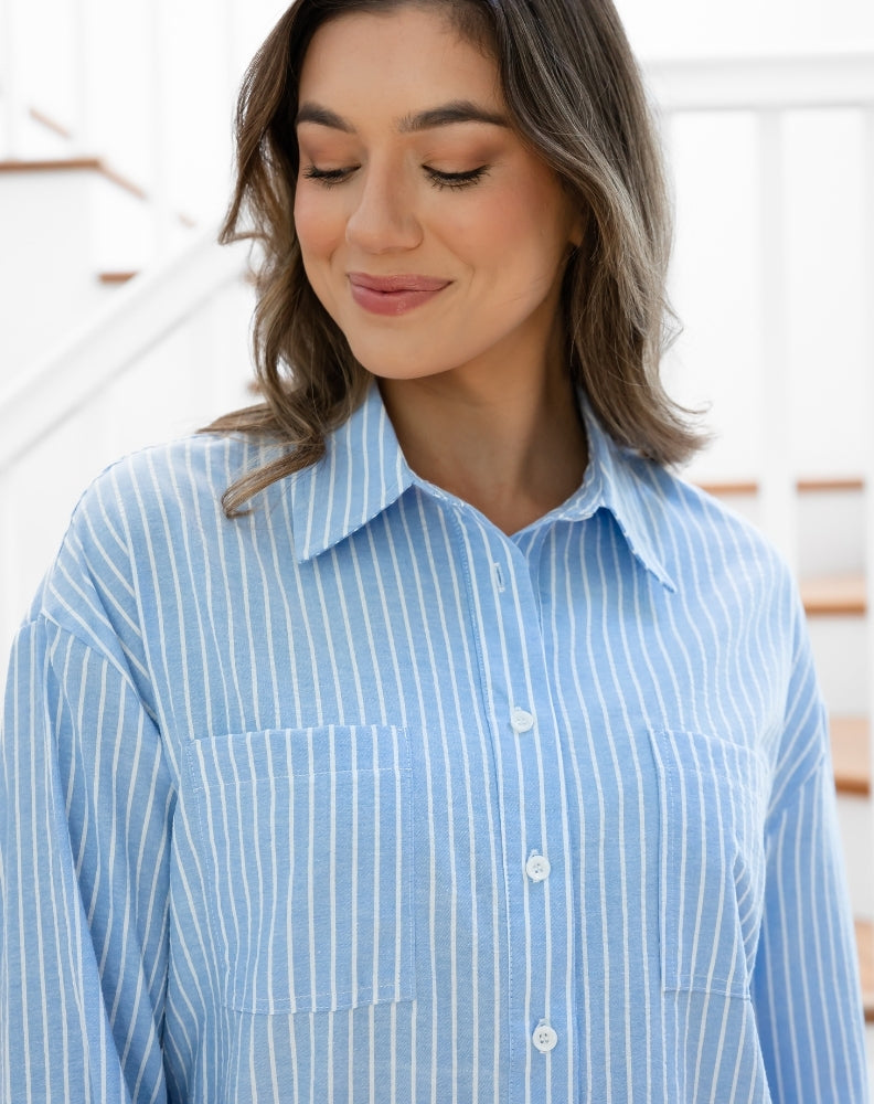 Button Back Shirt - Blue Stripe