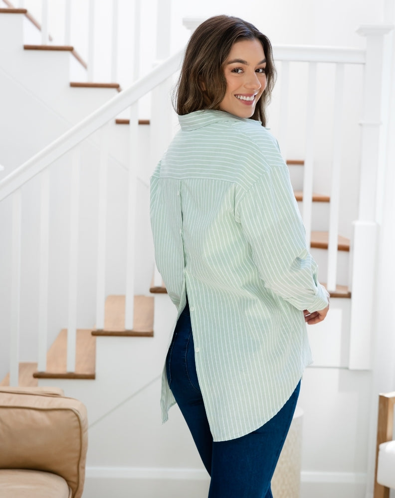 Button Back Shirt - Sage Stripe