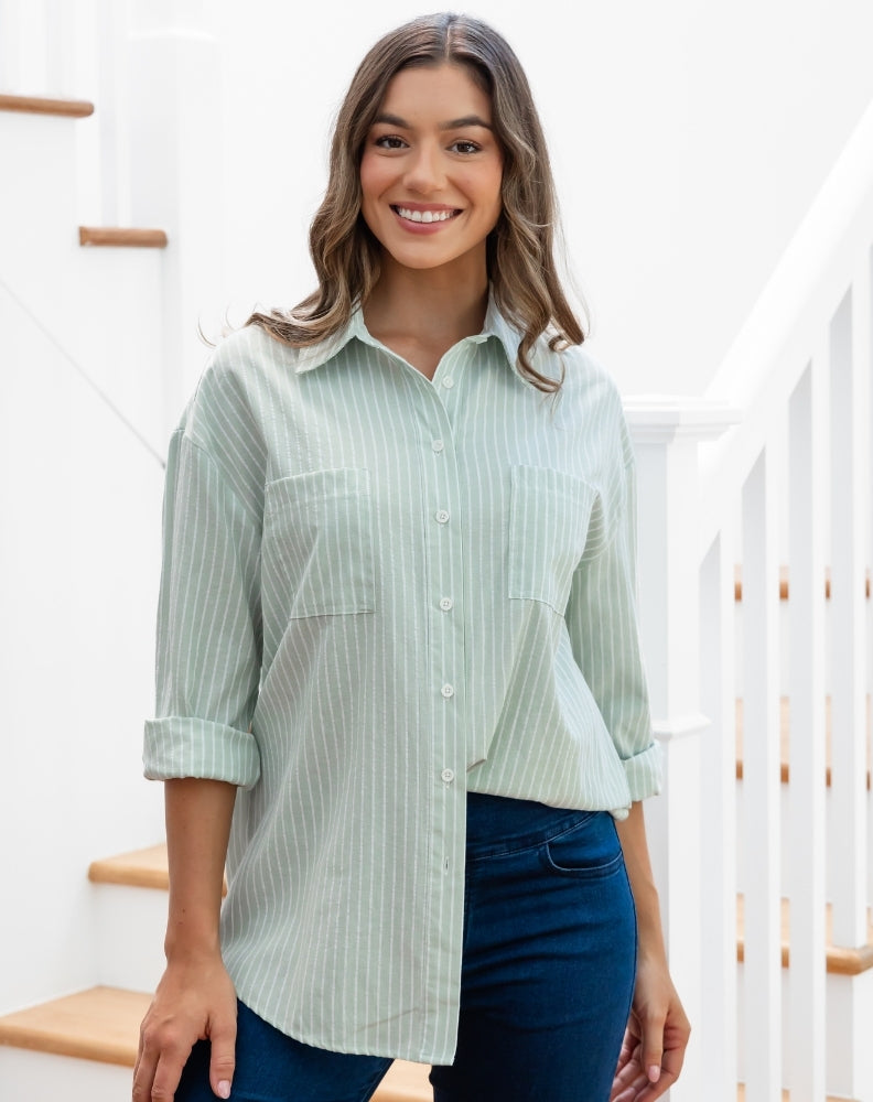 Button Back Shirt - Sage Stripe