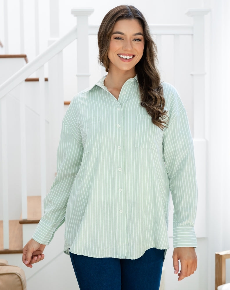 Button Back Shirt - Sage Stripe