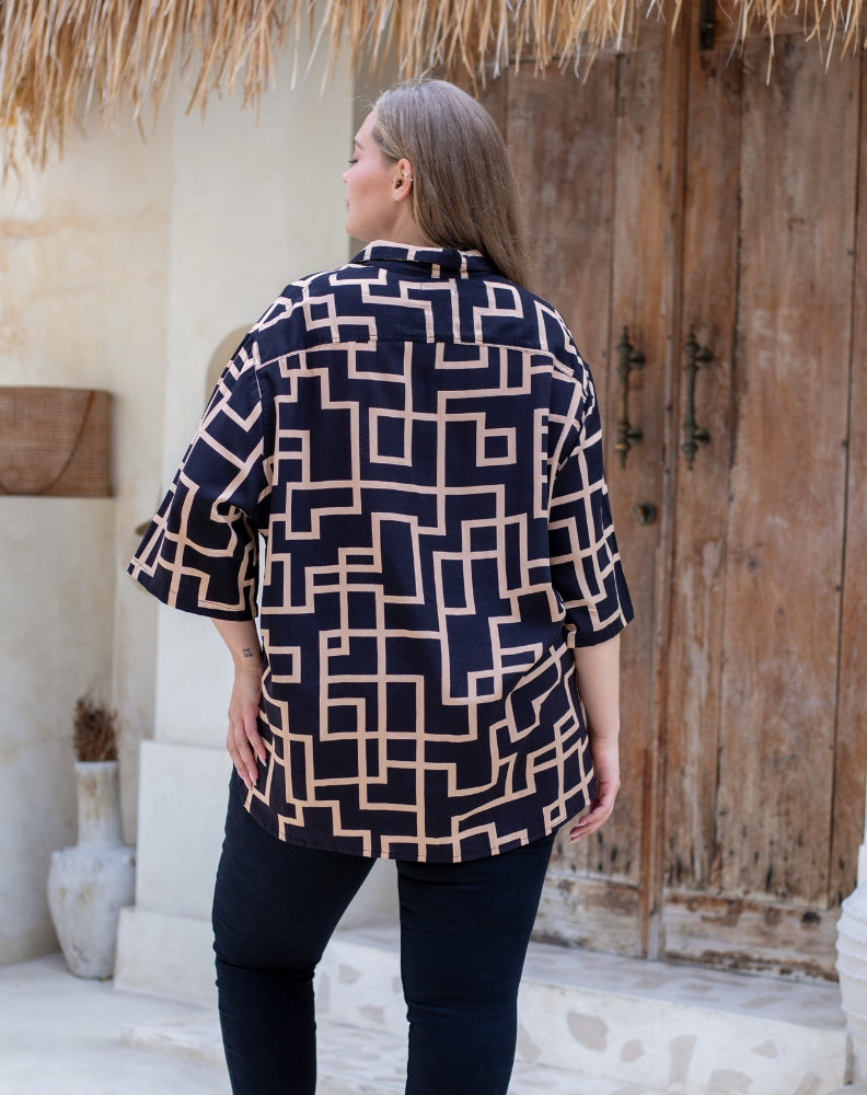 Millie Oversized Top - Beige Abstract