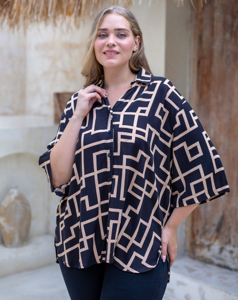 Millie Oversized Top - Beige Abstract