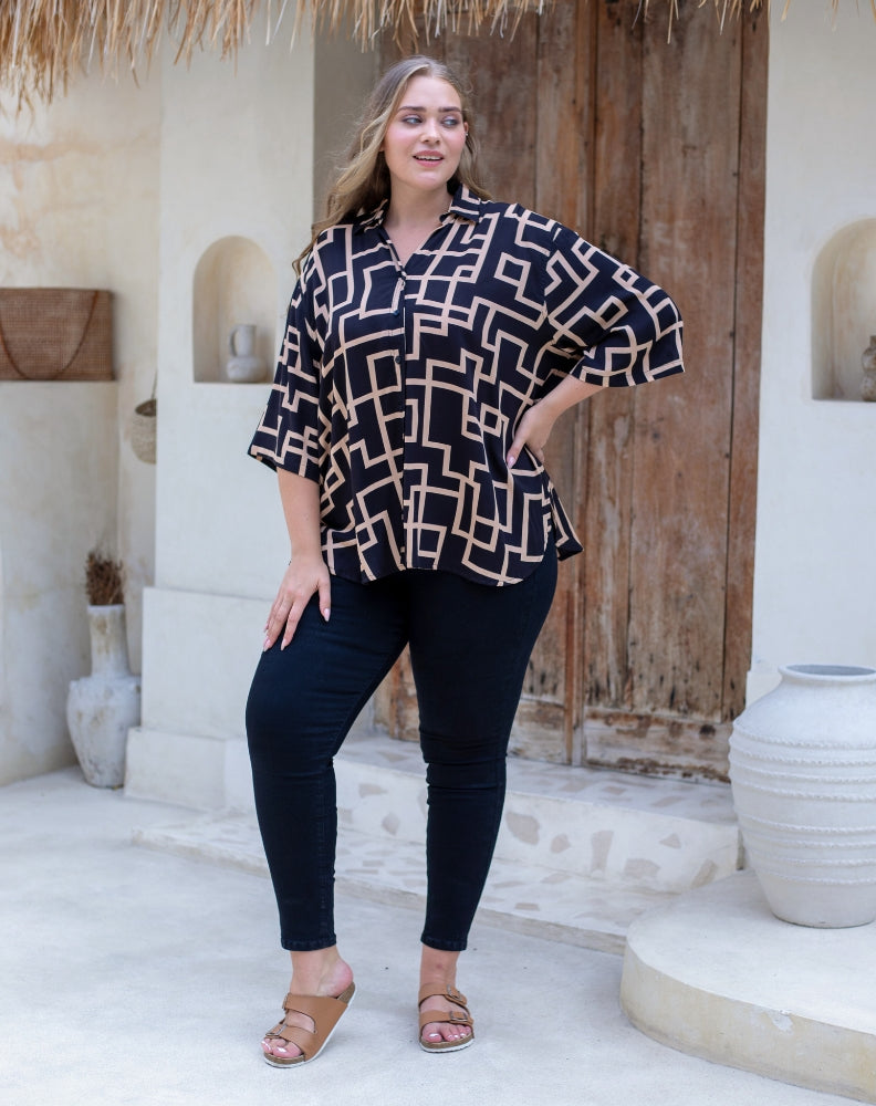 Millie Oversized Top - Beige Abstract