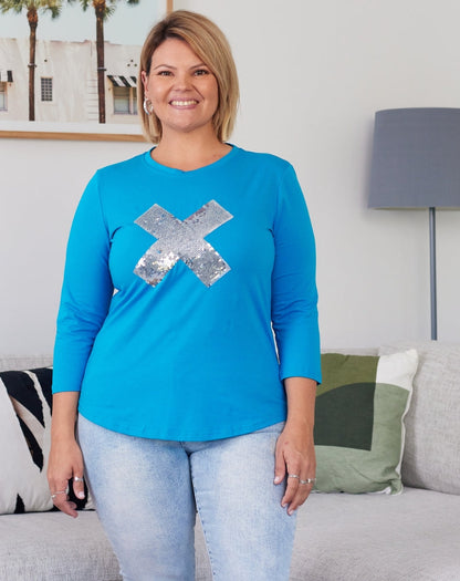 Cross Sequin 3/4 Tee - Blue/Silver