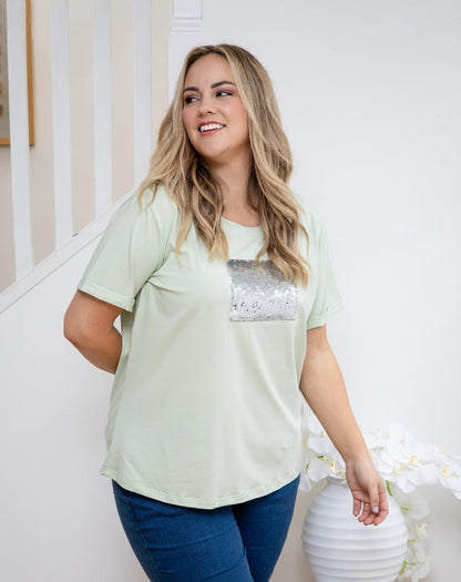 Square Sequin Tee - Sage