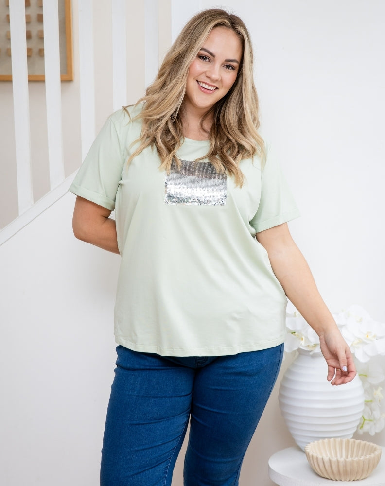 Square Sequin Tee - Sage