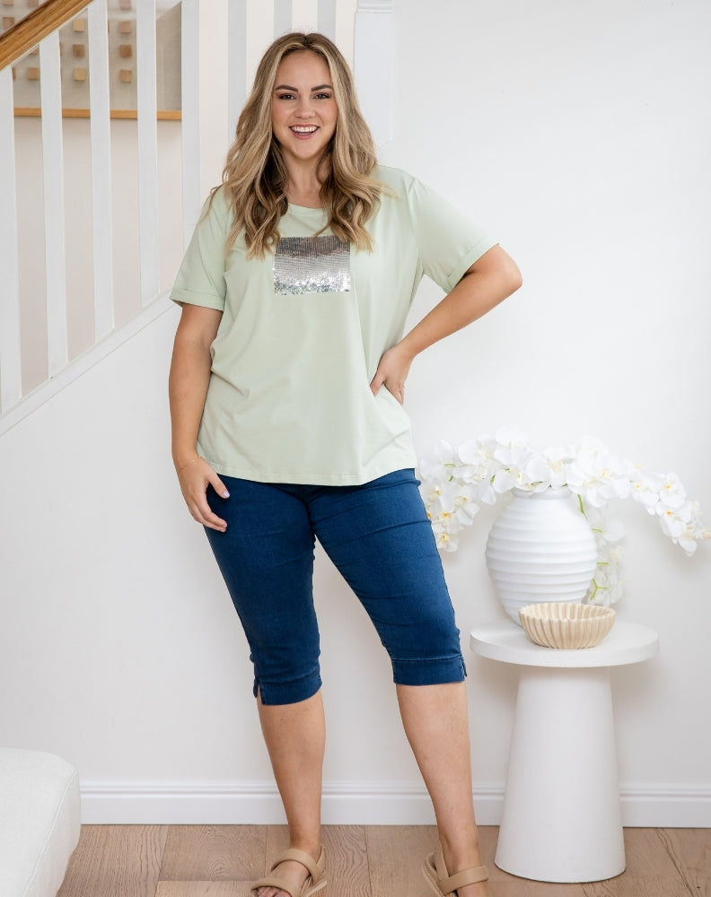 Square Sequin Tee - Sage