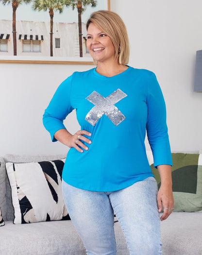 Cross Sequin 3/4 Tee - Blue/Silver