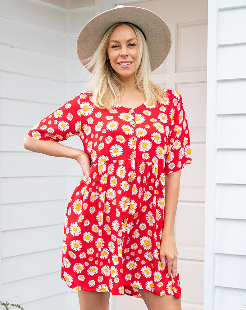 BabyDoll Dress - Red Daisy