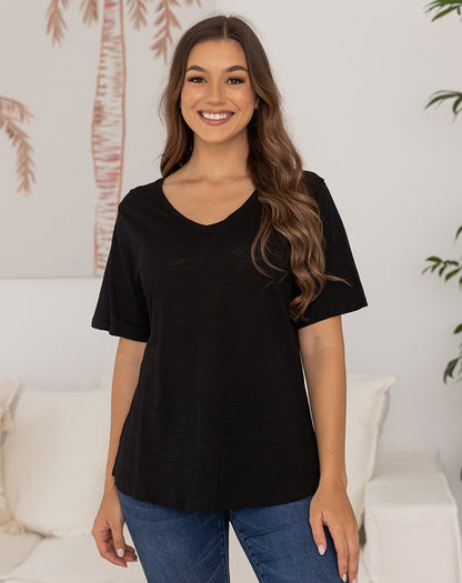 Cotton V Neck Tee - Black