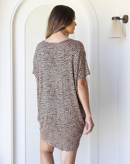 Jersey Shift Dress - Tan/Black Spot
