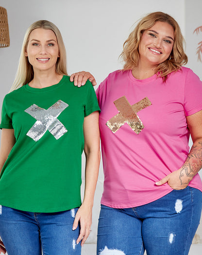 Cross Sequin Tee - Rose/Gold