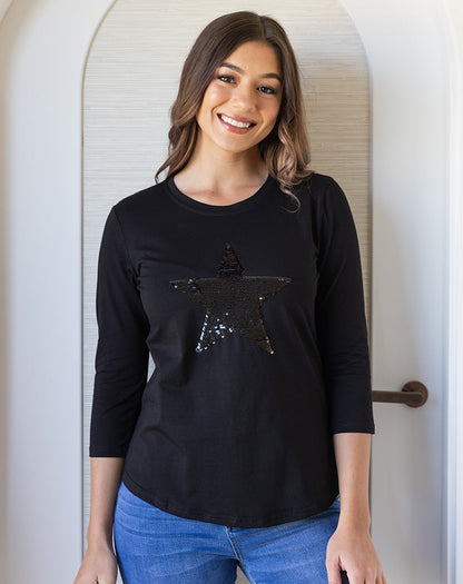Star Sequin 3/4 Tee - Black