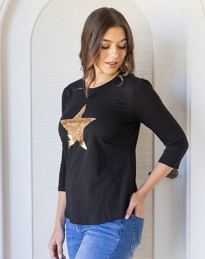 Star Sequin 3/4 Tee - Black/Gold
