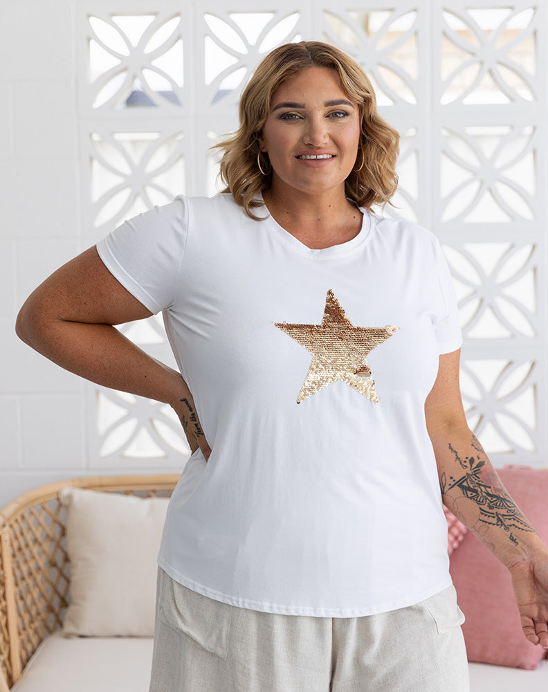Star Sequin Tee - White/Gold