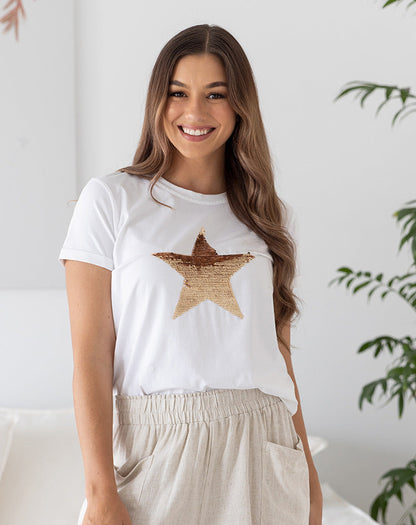 Star Sequin Tee - White/Gold